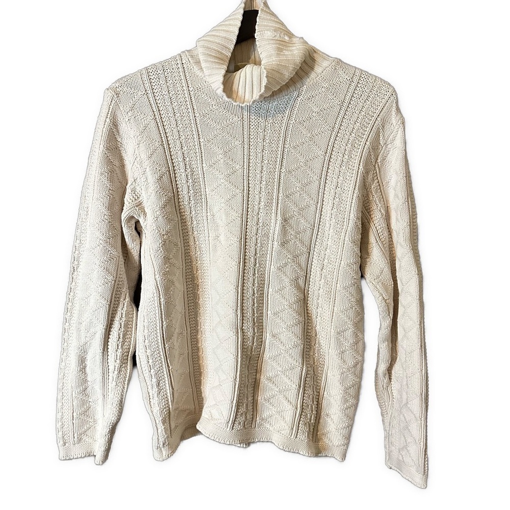 Vintage Huntington Ridge White Cable Chunky Knit Cowl-Neck Cotton Sweater Sz M
